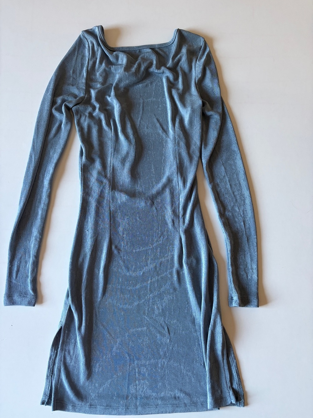 Lioness revolve fitted mini dress open back long sleeve shimmery blue gray xxs